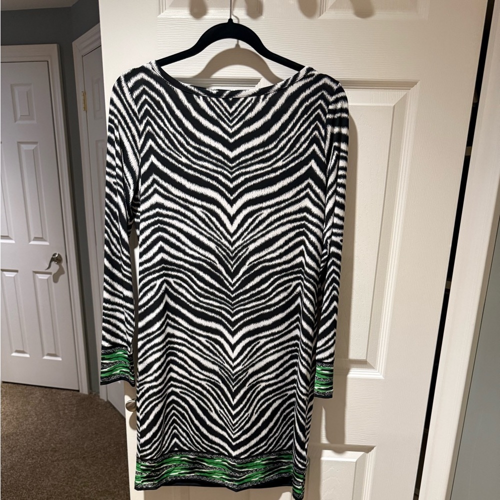 Michael Kors Black and White Zebra Print Dress with Green Trim